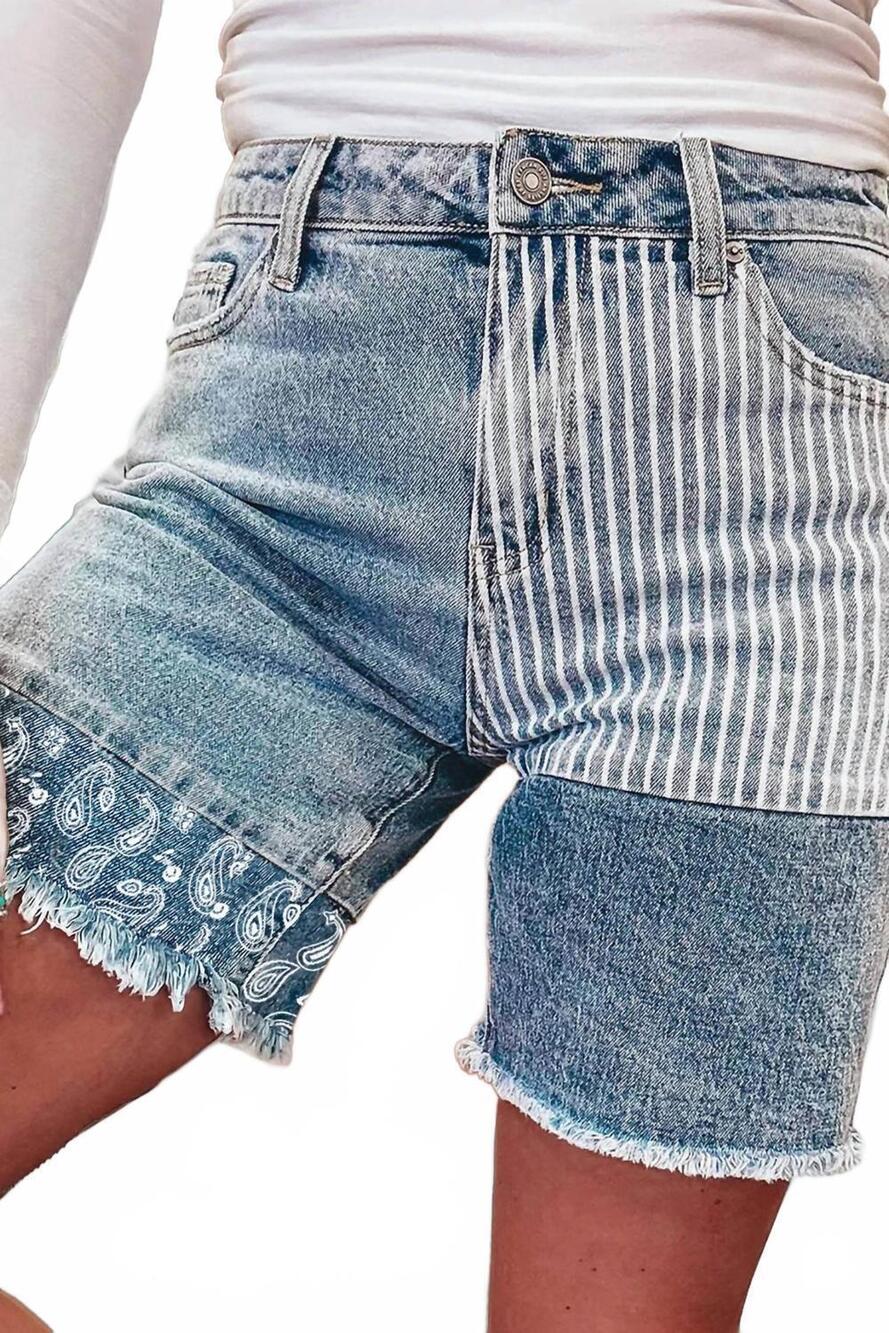 NEW DEAR LOVER stripe paisley & mixed patchwork raw hem shorts in blue